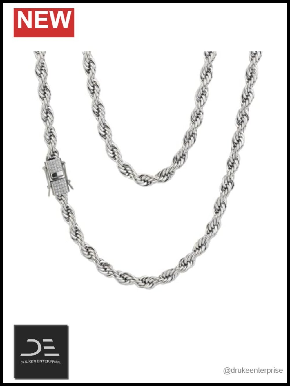 18K Gold Plated 6mm Rope Chain Necklace 24 Inch Cubic Zirconia Clasp